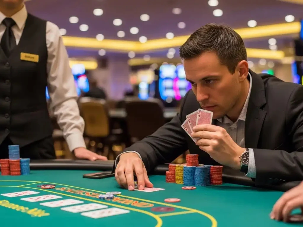 Focused poker player stacking chips during a live game at superace88 casino.