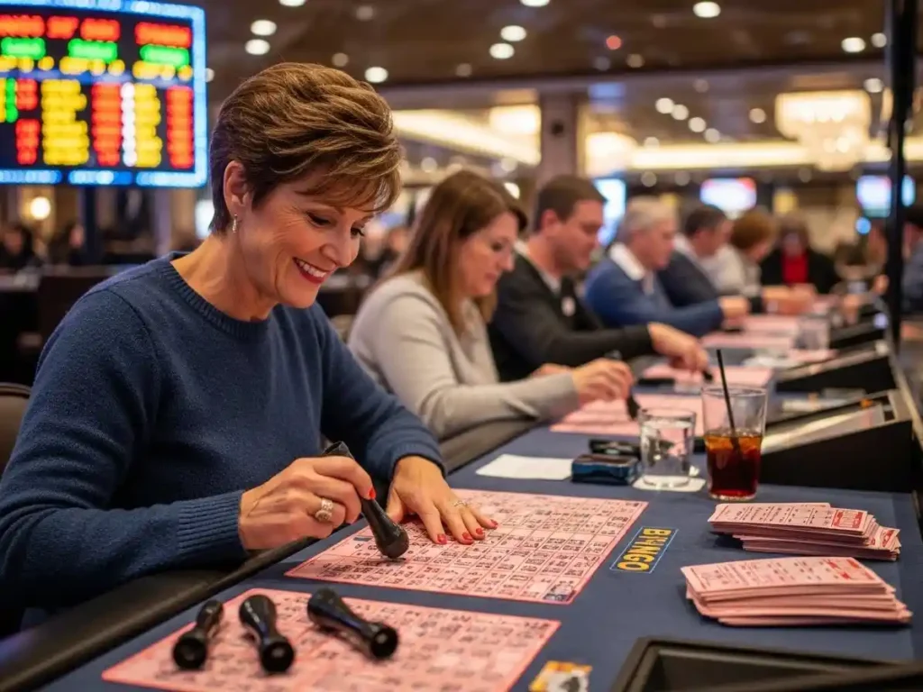 Person checking numbers on bingo card during a lively game at sw888 casino.
