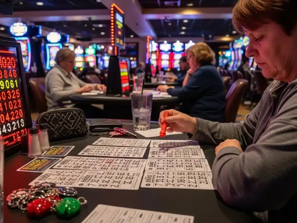 Casino guest focused on bingo cards during a game at sw888 casino, surrounded by colorful chips and lights.