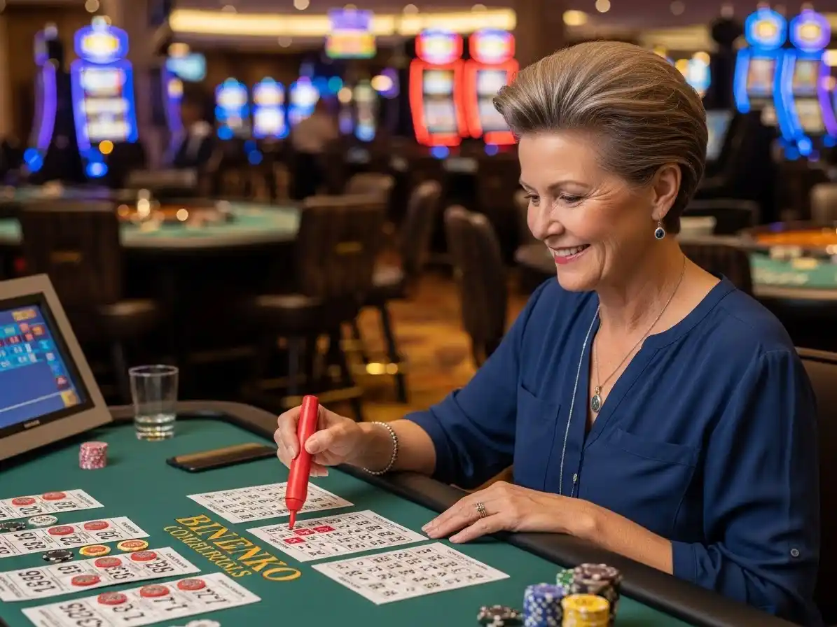 Person happily marking bingo cards while playing at sw888 casino, enjoying the lively casino atmosphere.