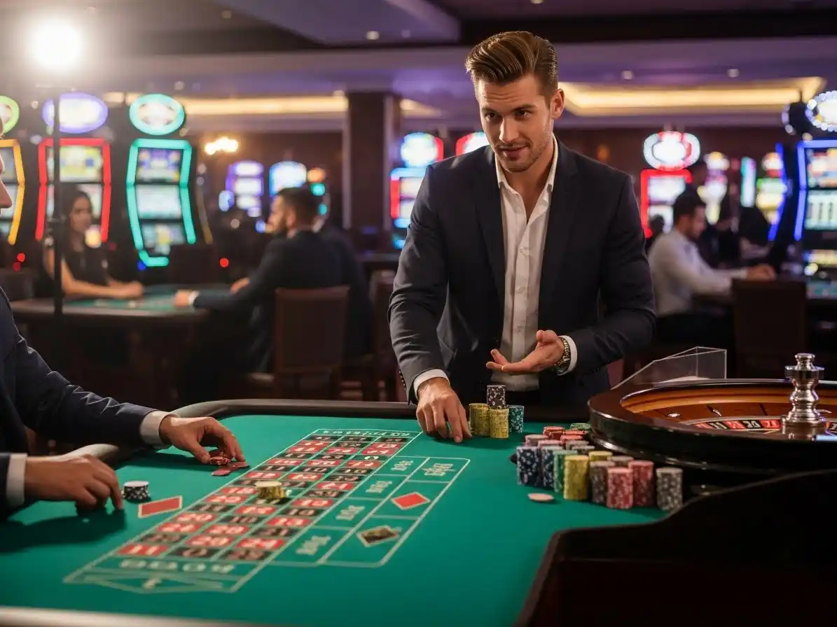 Person placing bets on a roulette table at 37jl casino, focused on the spinning wheel during a live game.