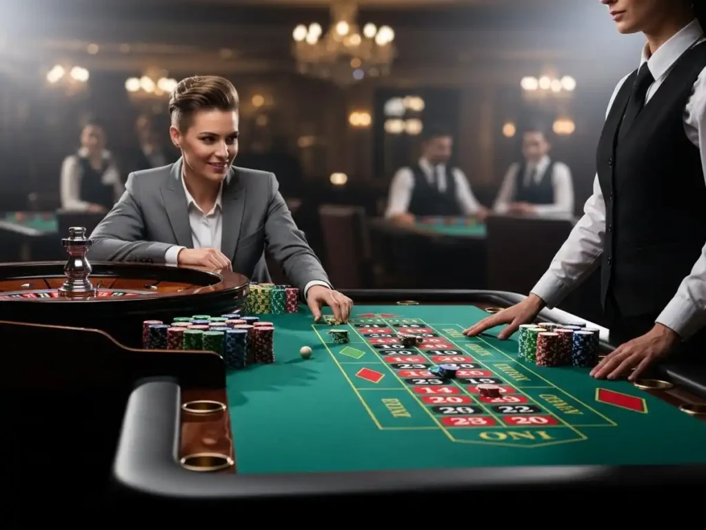 Focused player placing chips on a roulette table at 37jl casino during an intense round of play.