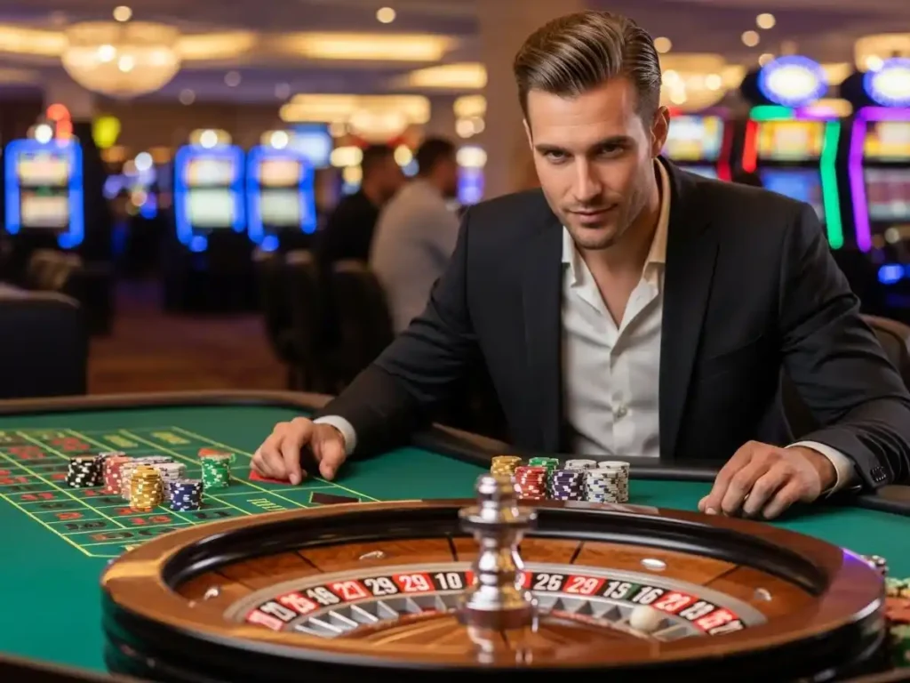 Casino player watching the roulette wheel spin at 37jl casino, ready to place chips on their chosen numbers.