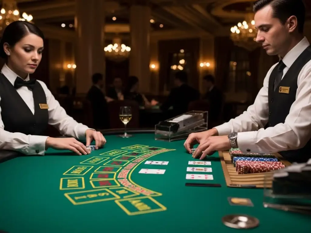 Gambler placing strategic bets at a baccarat table at casino street, surrounded by casino lights.