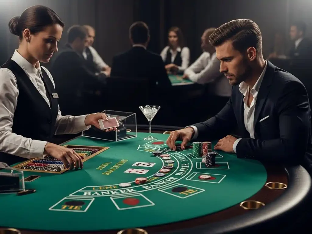 Focused player placing chips on the baccarat table at casino street during a high-stakes round.
