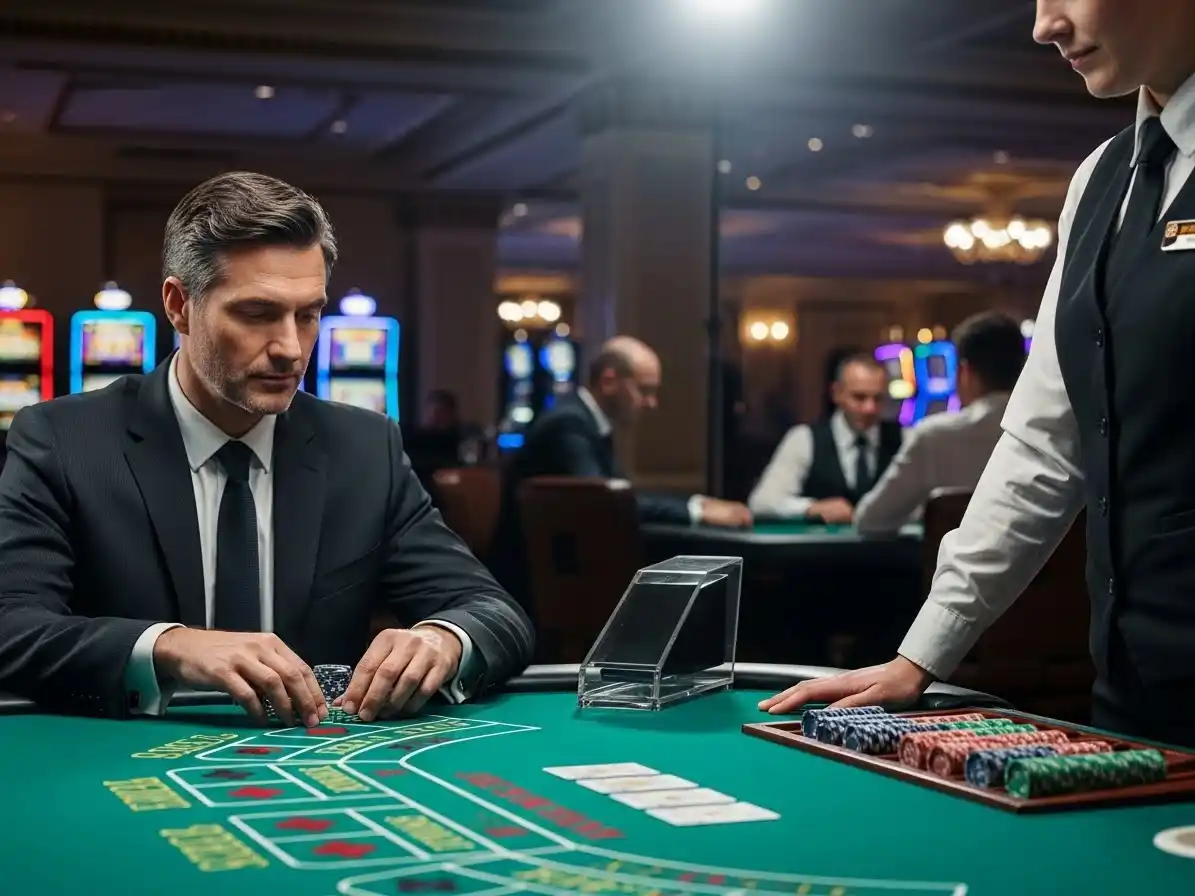 Person playing baccarat at casino street, holding cards and placing bets on the elegant baccarat table.