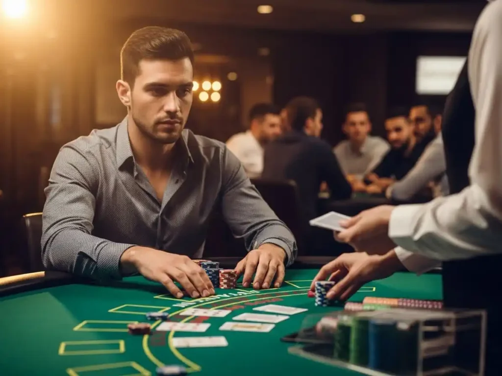 Excited blackjack player interacting with dealer at golden dragon casino table.