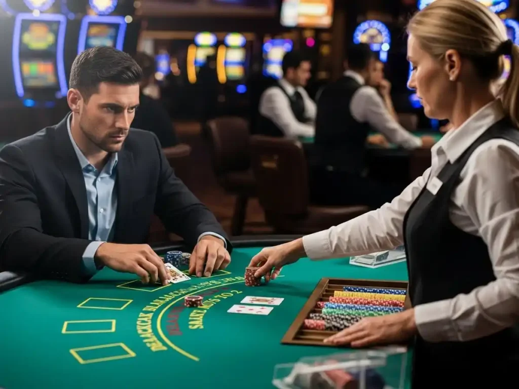 Focused player placing a bet on a blackjack table at golden dragon casino.