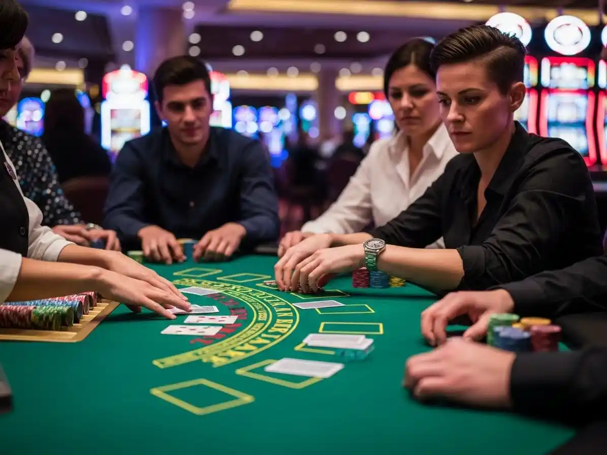 Person playing blackjack at golden dragon casino, holding cards and chips at a lively casino table.