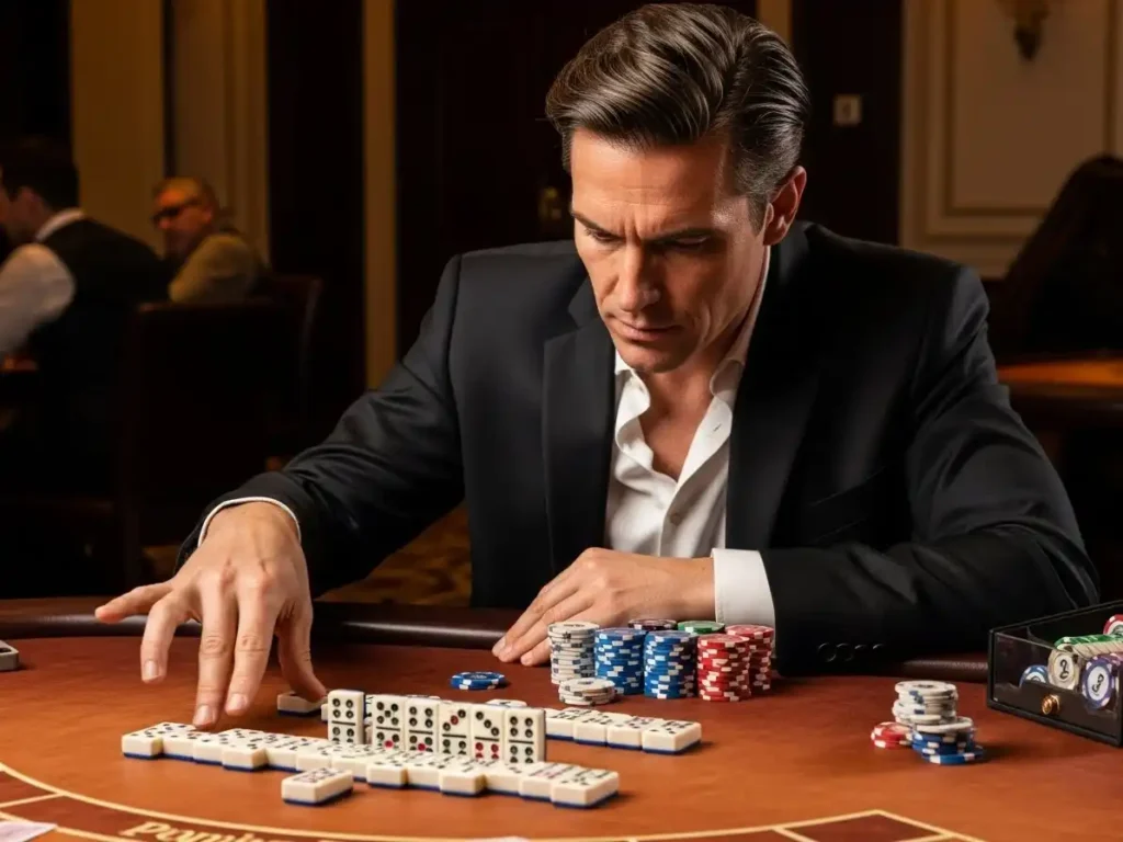 Focused casino player enjoying domino gameplay at jk4 casino with tiles neatly displayed.