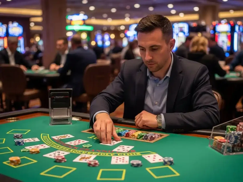 Player watching cards dealt to several blackjack hands at pera57 casino.