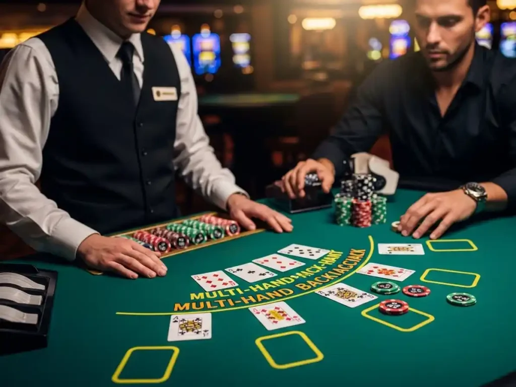 Casino guest placing chips across multiple blackjack hands at pera57 casino table.