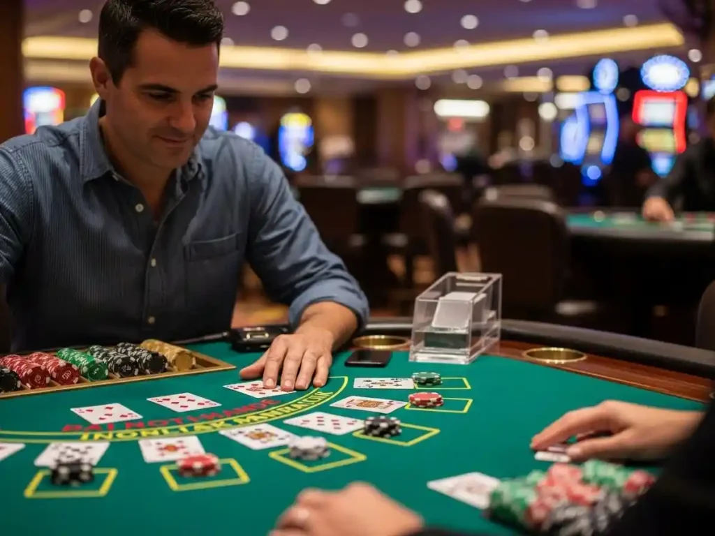 Focused blackjack player handling multiple hands during a game at pera57 casino.