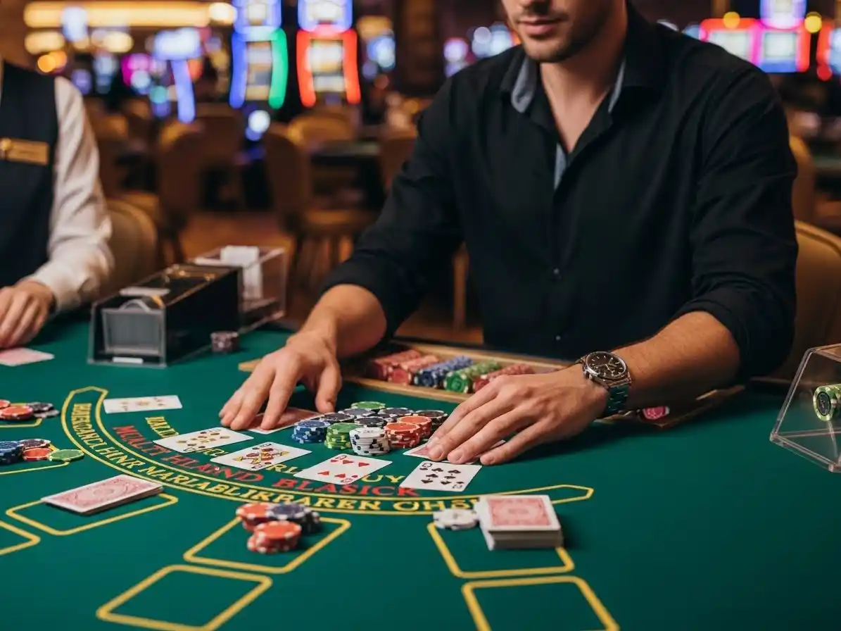Person playing multi-hand blackjack at pera57 casino, managing several hands with chips and cards on the table.
