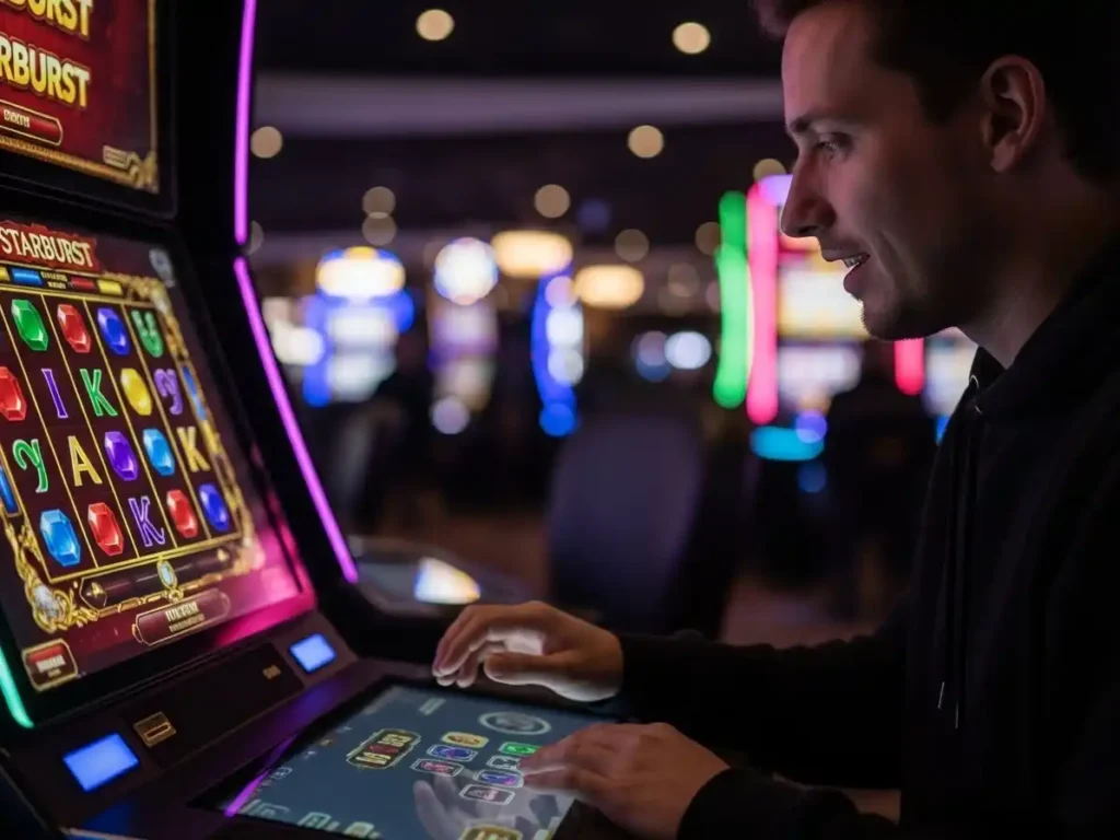 Focused player spinning Starburst reels during ph11 casino login session.