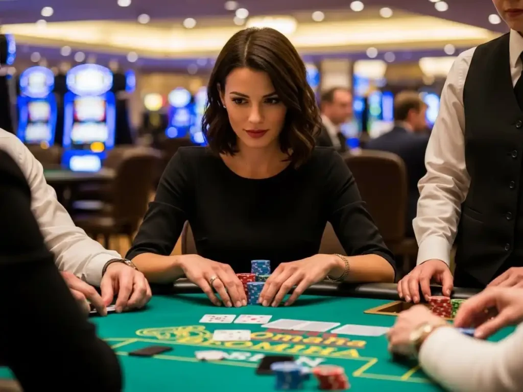Female casino player placing chips during an Omaha Poker round at ph222 casino.