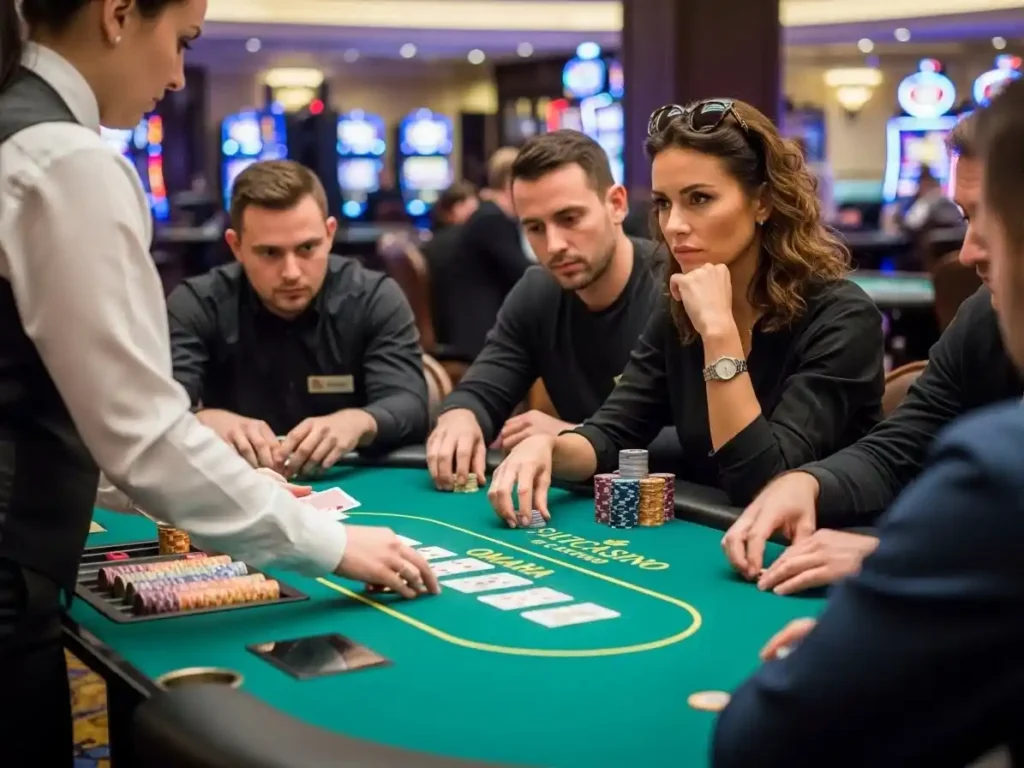 Confident woman analyzing her hand while playing Omaha Poker at ph222 casino table.