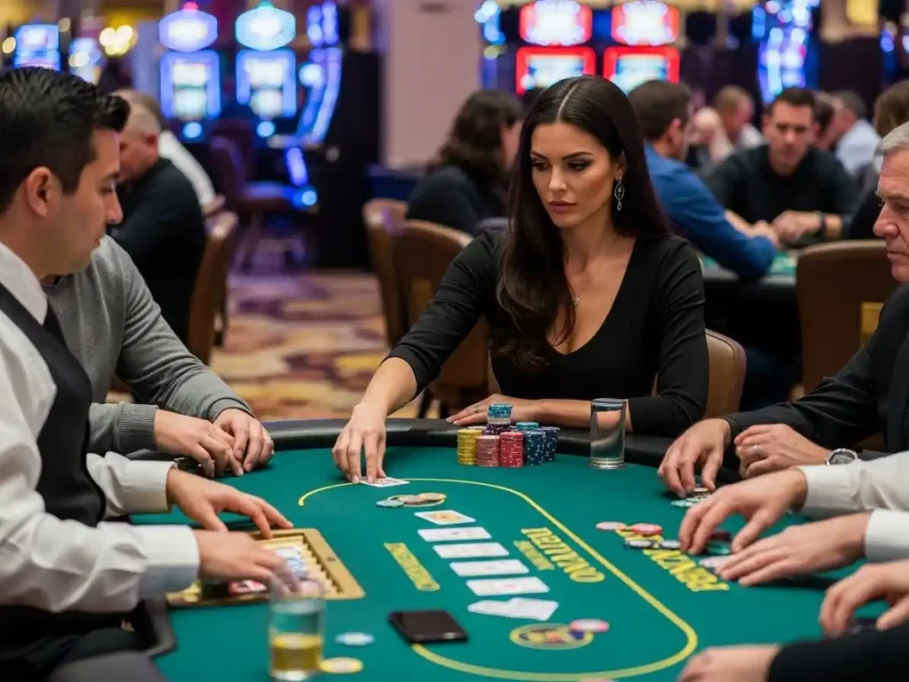 Focused female poker player enjoying Omaha Poker at ph222 casino during a live casino session.