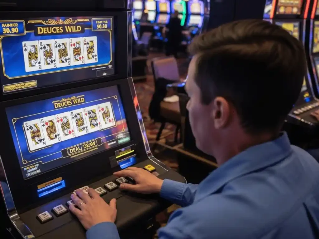 Happy gambler winning a hand in Deuces Wild poker at phjoy casino.