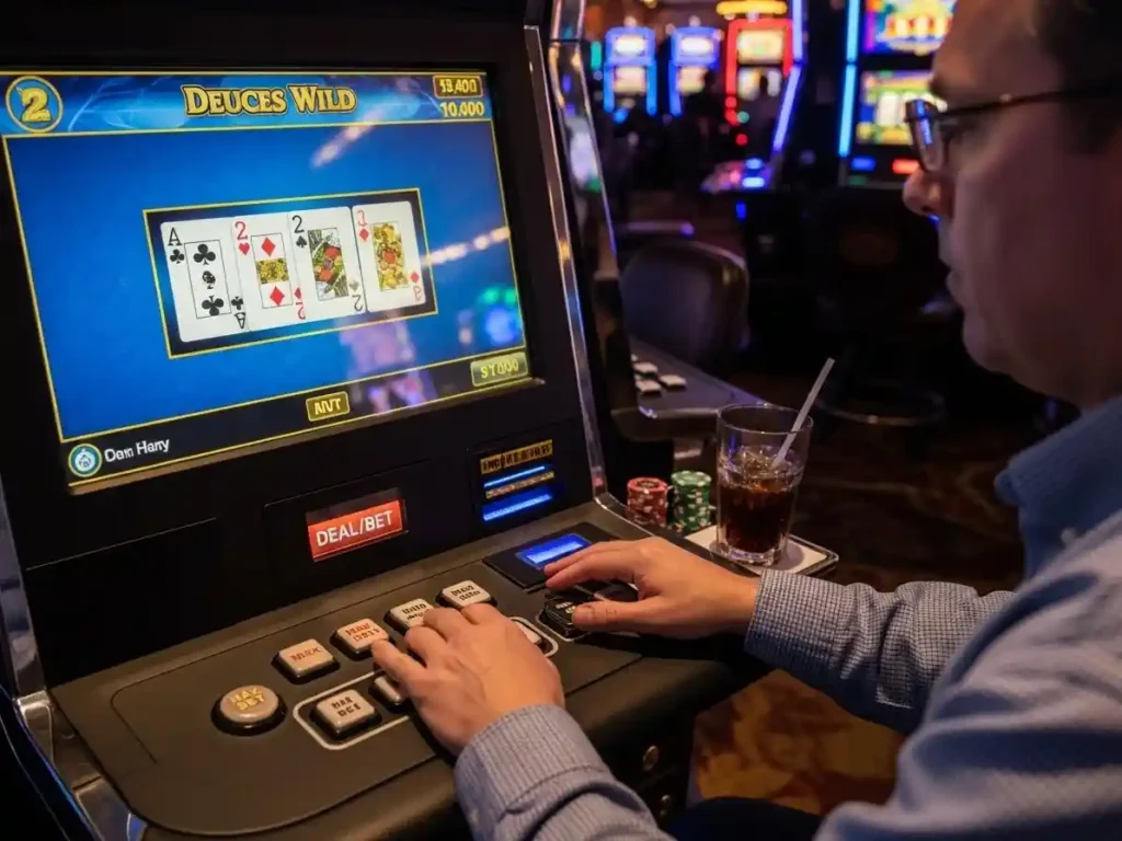 Player placing bets at a Deuces Wild poker table in phjoy casino with cards in hand.