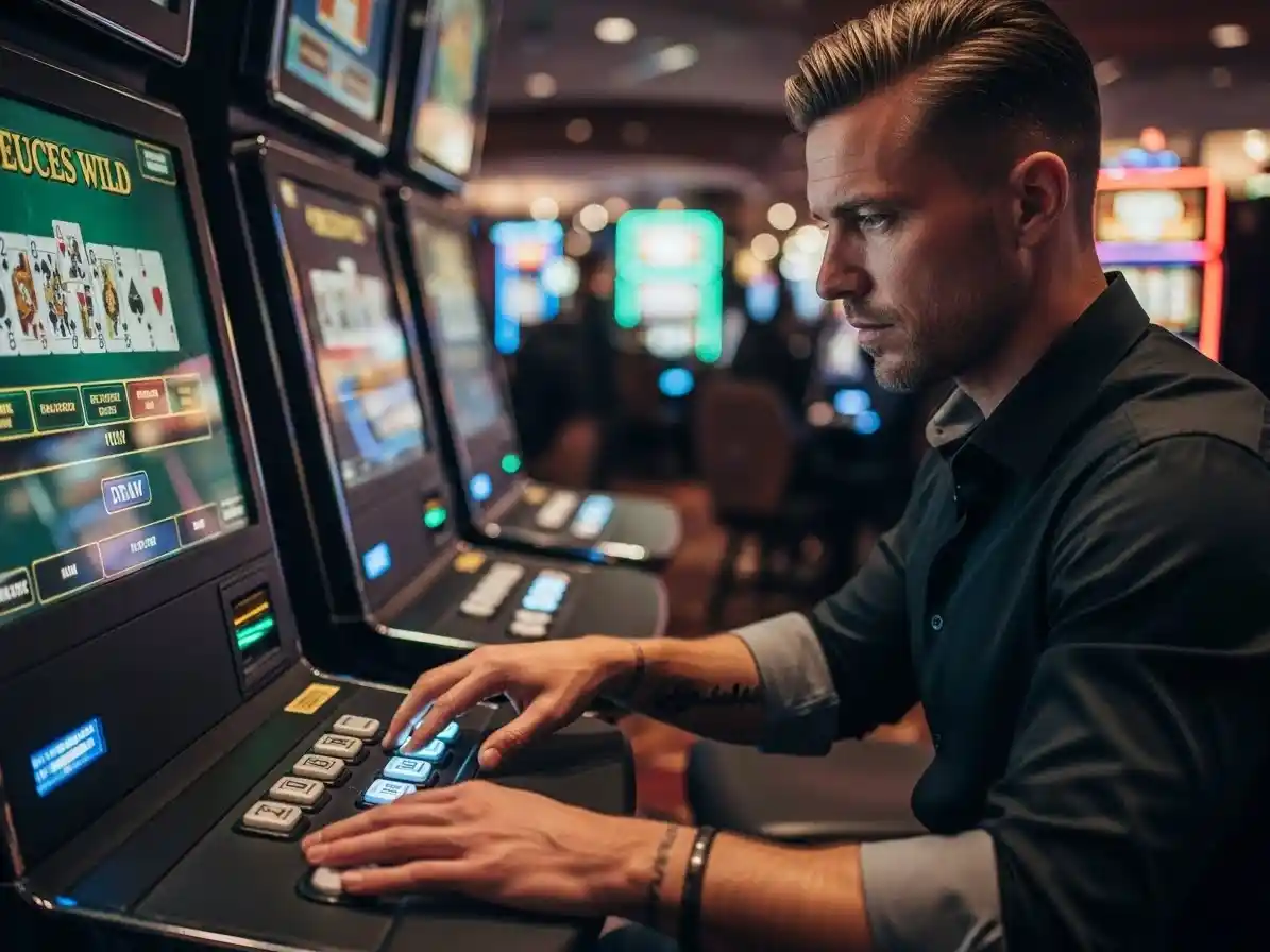 Person playing Deuces Wild poker at phjoy casino, holding cards and betting chips on a lively casino table.