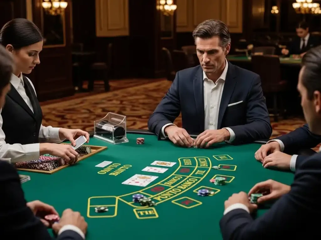 Excited player placing chips on a Punto Banco table at rich9 casino login.