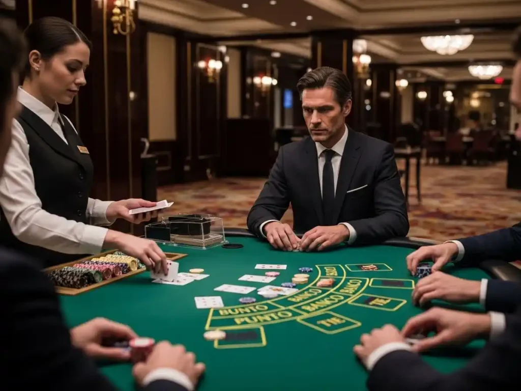 Casino player watching the dealer deal cards in a Punto Banco game at rich9 casino login.