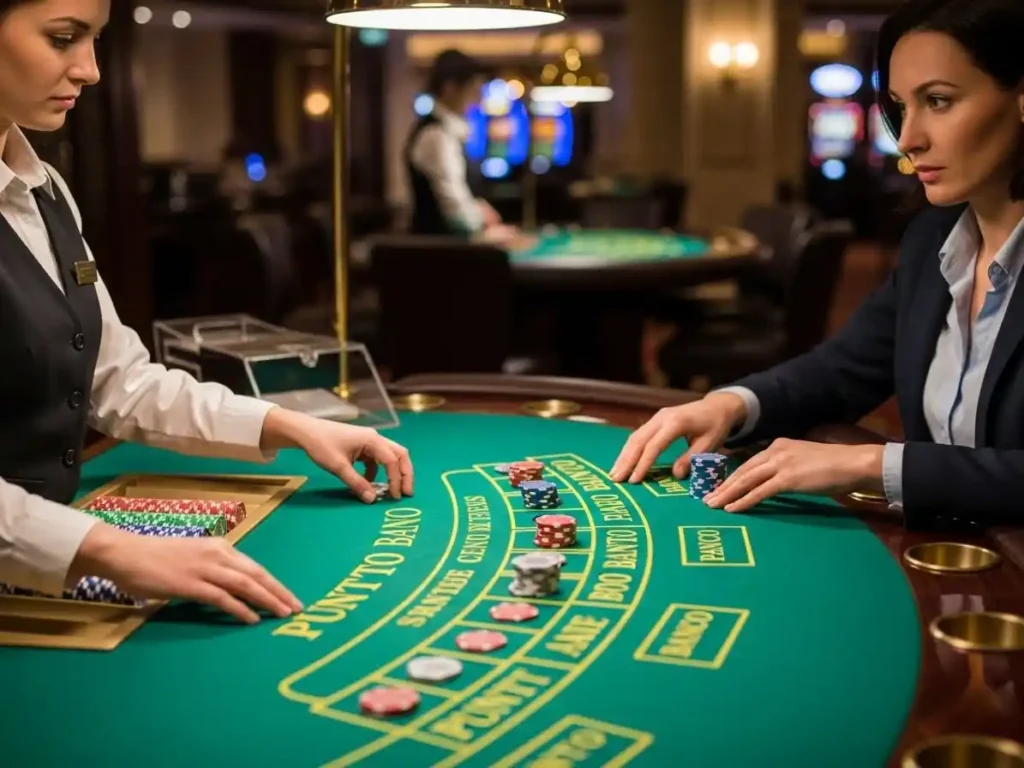 Focused casino guest betting on Punto Banco at rich9 casino login with chips and cards in hand.