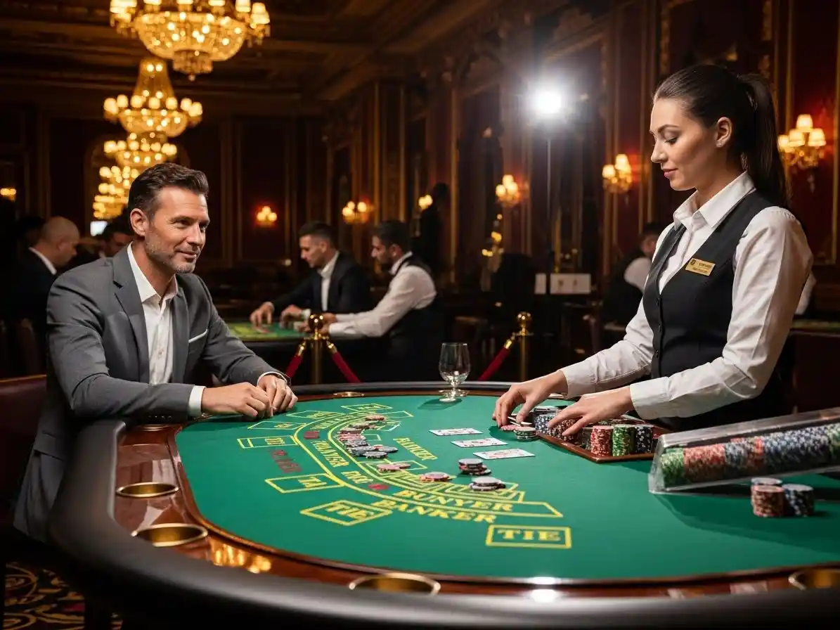 Person playing Punto Banco at rich9 casino login, placing bets at a lively baccarat table.
