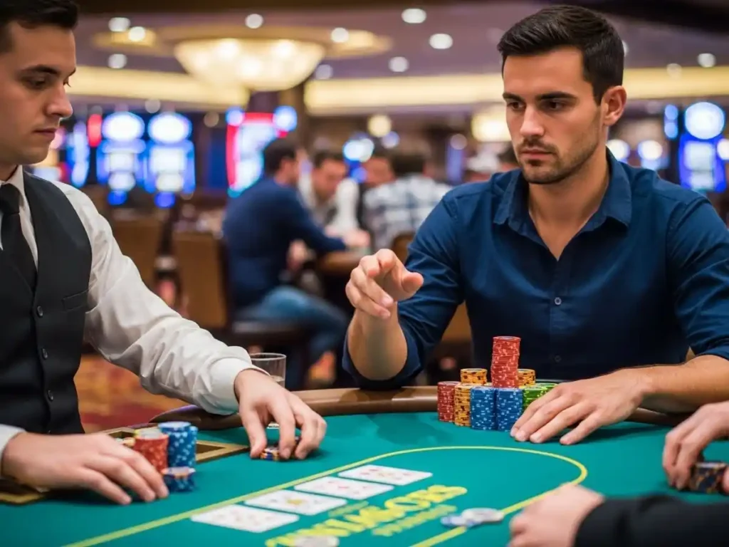 Focused poker player betting chips during a Texas Hold’em game at s5 casino free.