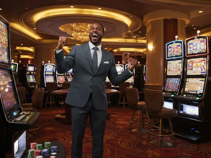 Happy man raising his hands in victory at Apaldo Casino after hitting a big slot win.