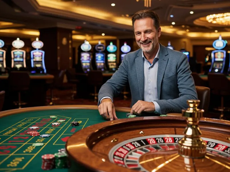 Happy man watching the roulette ball spin around the wheel at Apaldo Casino.
