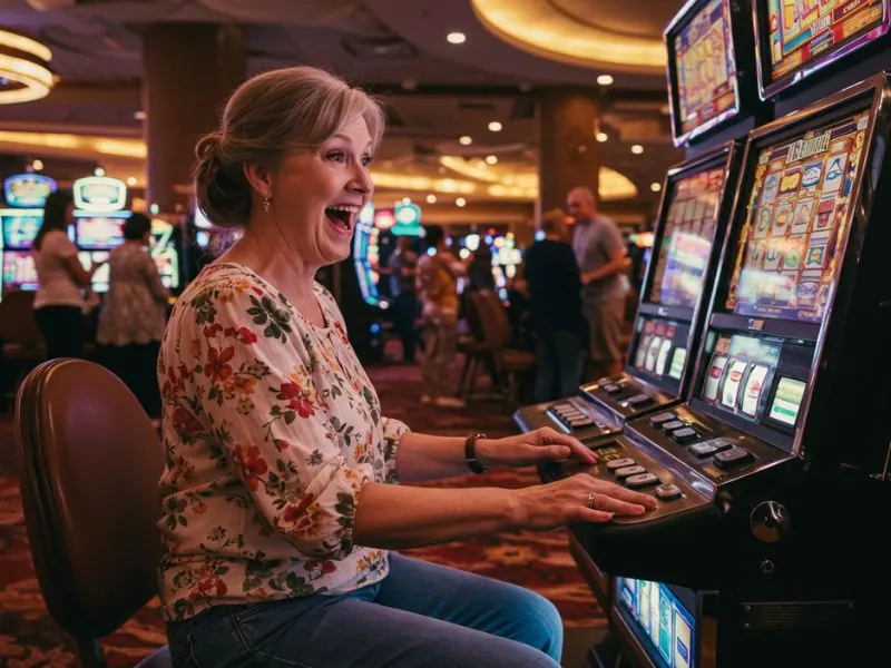 Happy woman smiling with confidence after hitting the jackpot at Apaldo Casino.