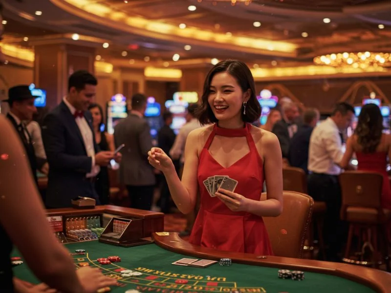 Happy woman with an ecstatic smile holding a royal flush in poker at Apaldo Casino.