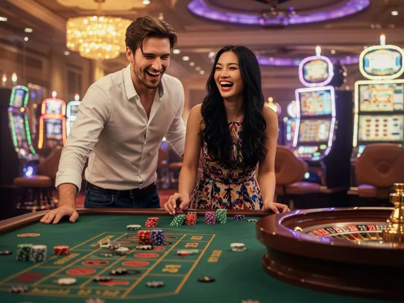 Newly married couple happily enjoys casino games at Casino Español de Cebu.