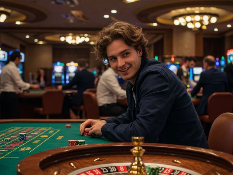 Man holding chips high with triumphant pride at CC6 casino login.