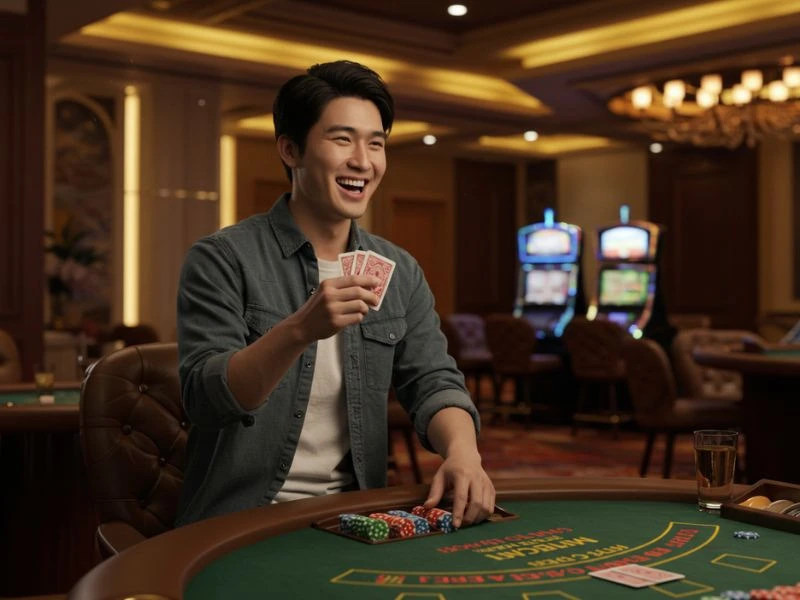 Man smiling while holding playing cards at CC6 casino login.