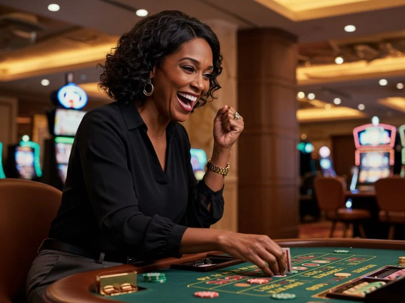Woman laughing after the dealer reveals cards at CC6 casino login.