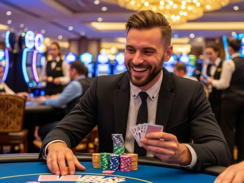 Buddy focusing on his poker hand at CC7 casino login.