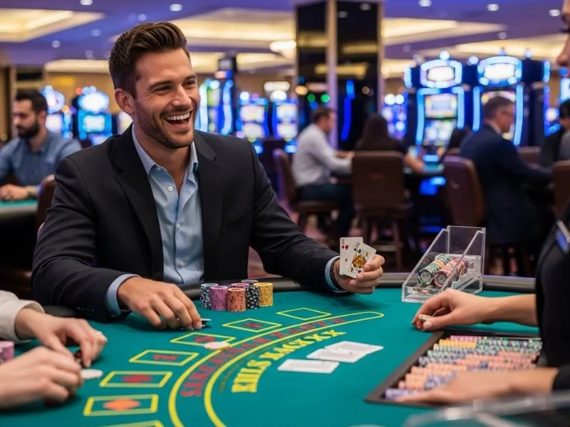 Player smiling while flipping poker cards at CC7 casino login.