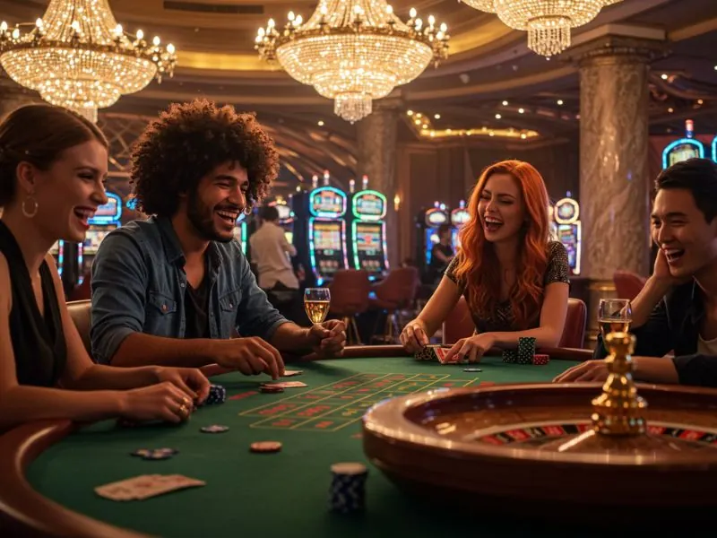 Happy group of friends enjoys winning at GameZone Casino.