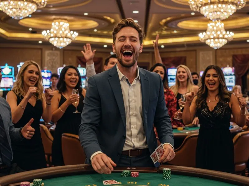Happy friends cheering during an intense poker round at Jilicc casino