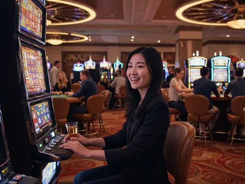 Happy lady smiling while spinning slot reels at Jilicc casino