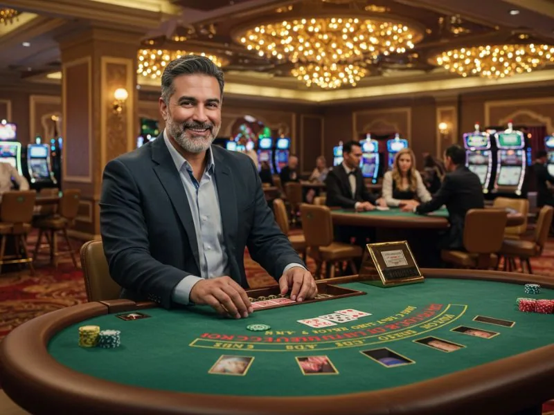 Happy man smiling while holding playing cards at Jilicc casino