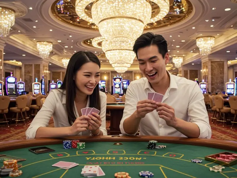 Cute couple happily playing cards at PH Cash Casino Login.