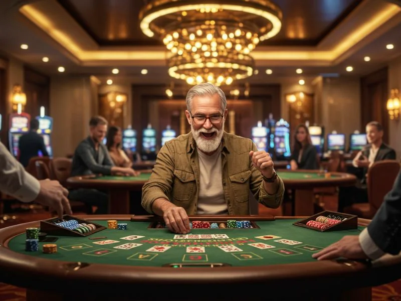 Happy confident player collecting chips from the dealer at Phil168 online casino login.