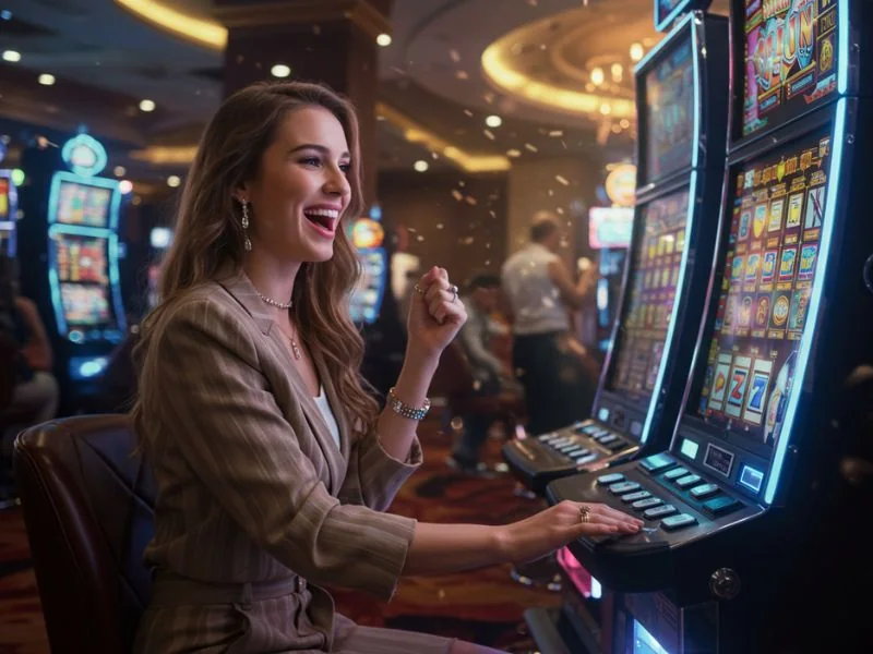 Happy lady smiling while spinning slot reels at PHRush casino