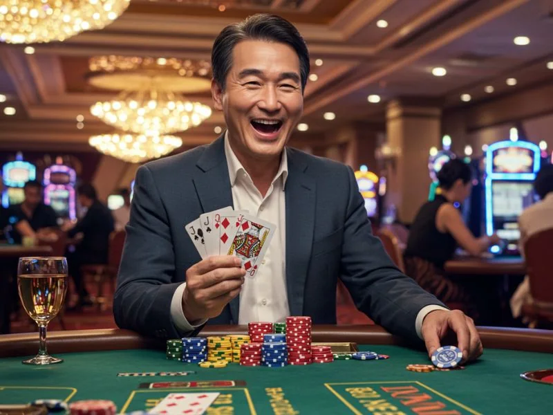 Happy man laughing while bluffing in a card game at PHRush casino