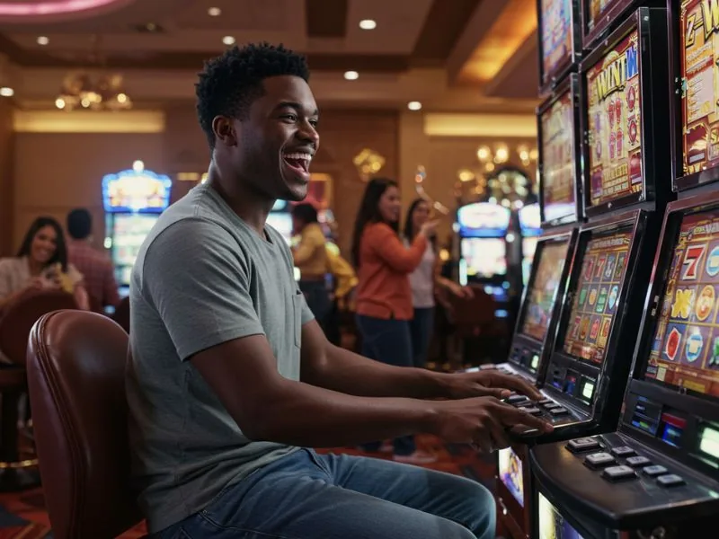 Joyful man waiting for the jackpot at Pop Party Casino.