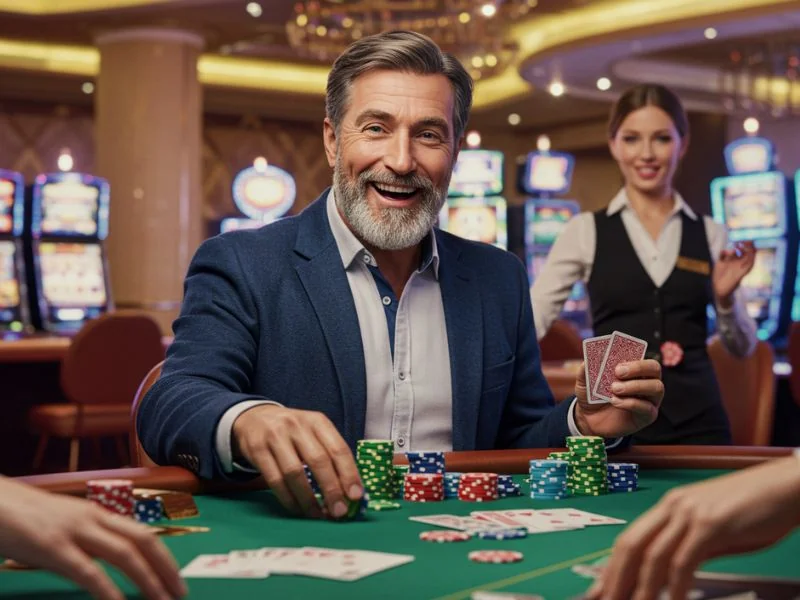 Man smiling while holding playing cards at Pop Party Casino.